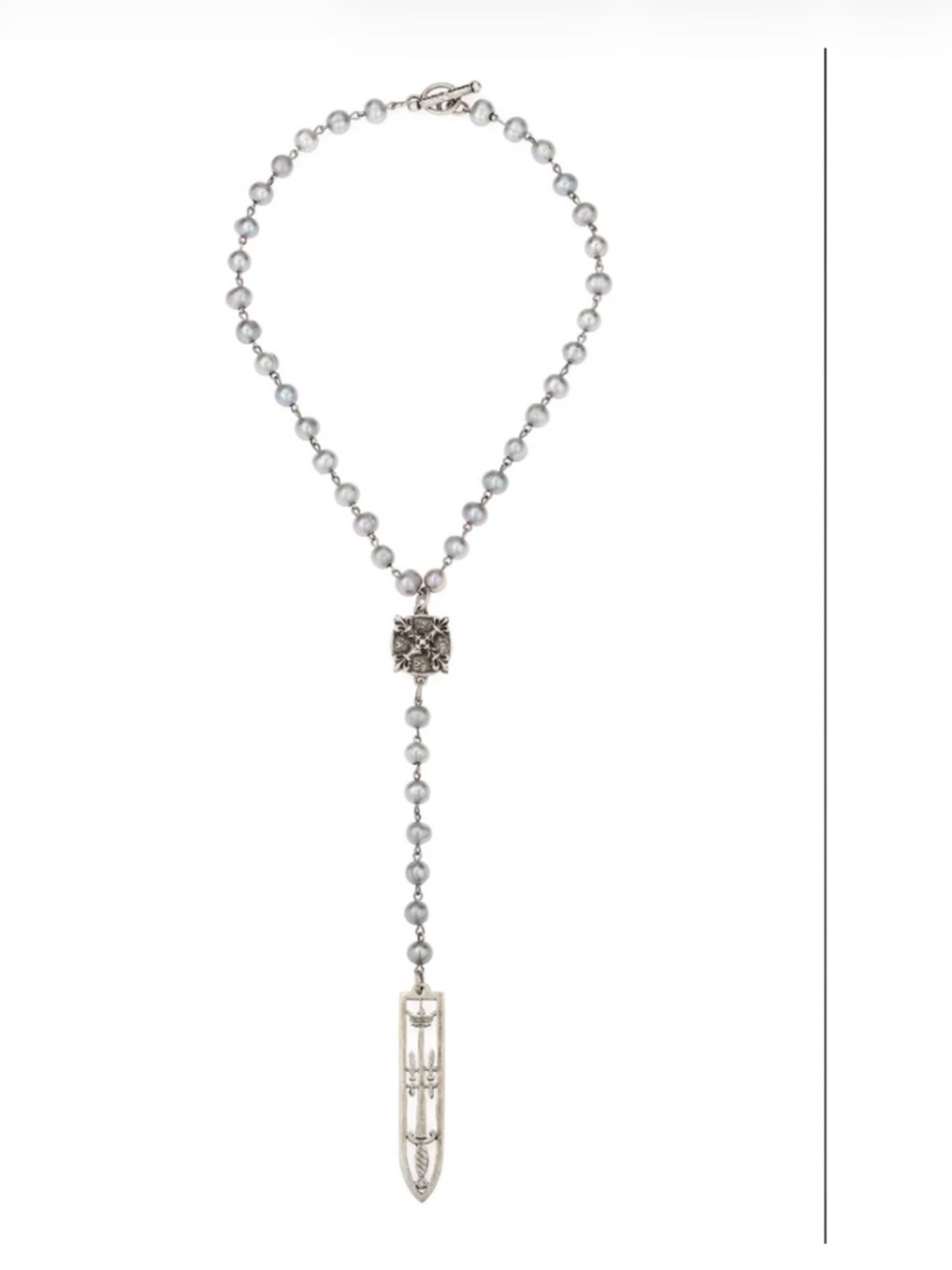 Silver Pearls With X Sword And Crown Necklace